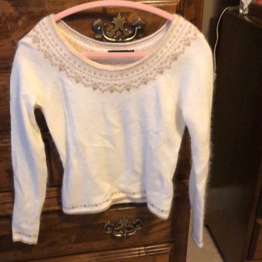 Angora, rabbit hair and nylon sweater with gold embellishments